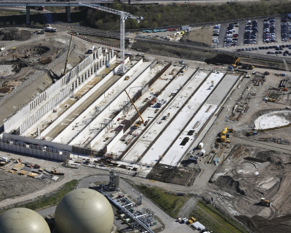 Construction on a wastewater treatment works showing a crane