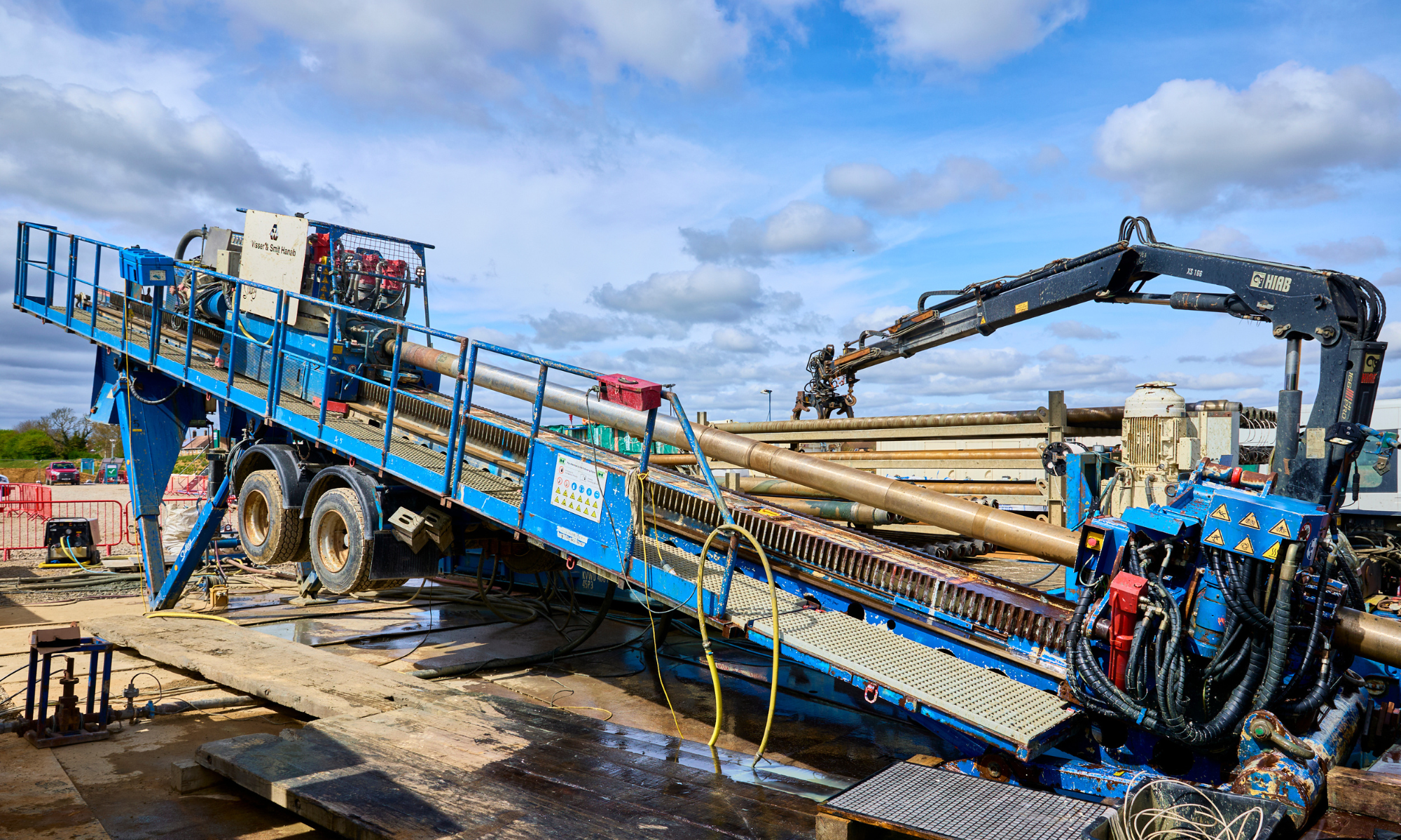 A blue horizontal drilling rig